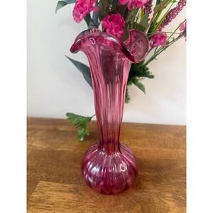 Vintage Cranberry Glass Vase Ruffled Fluted Art Glass Bud Vase Pink Ribbed Swung
